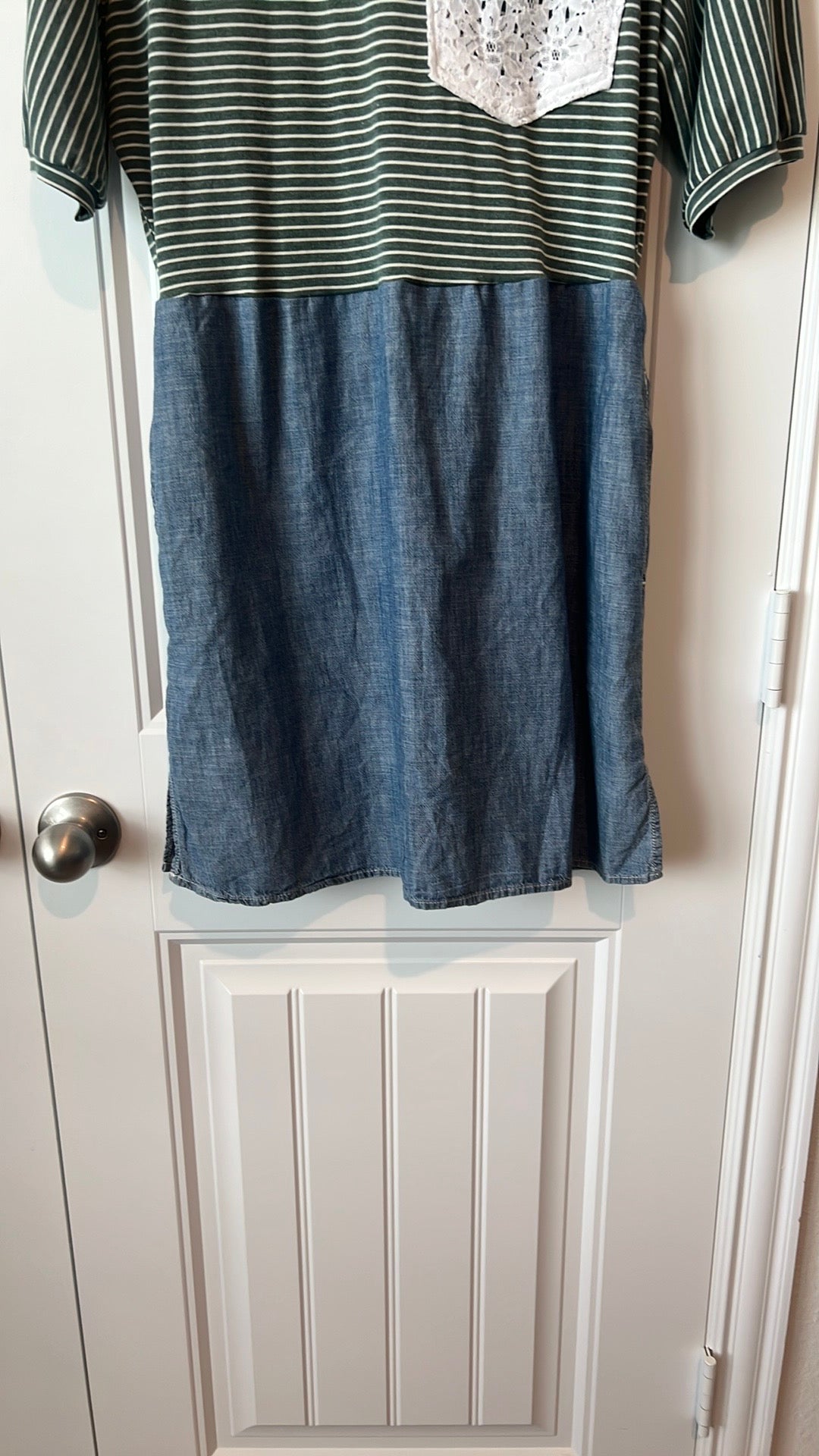 (Up) Cycled Green Striped Dress with Denim Skirt