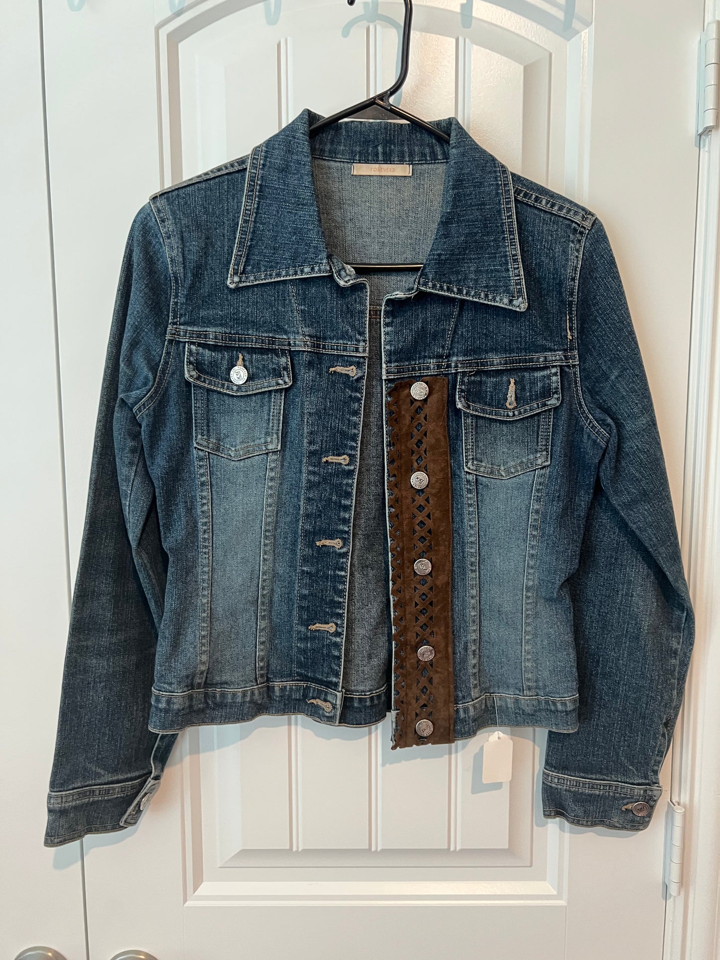 (Up) Cycled Faux Leather Fringe Denim Jacket