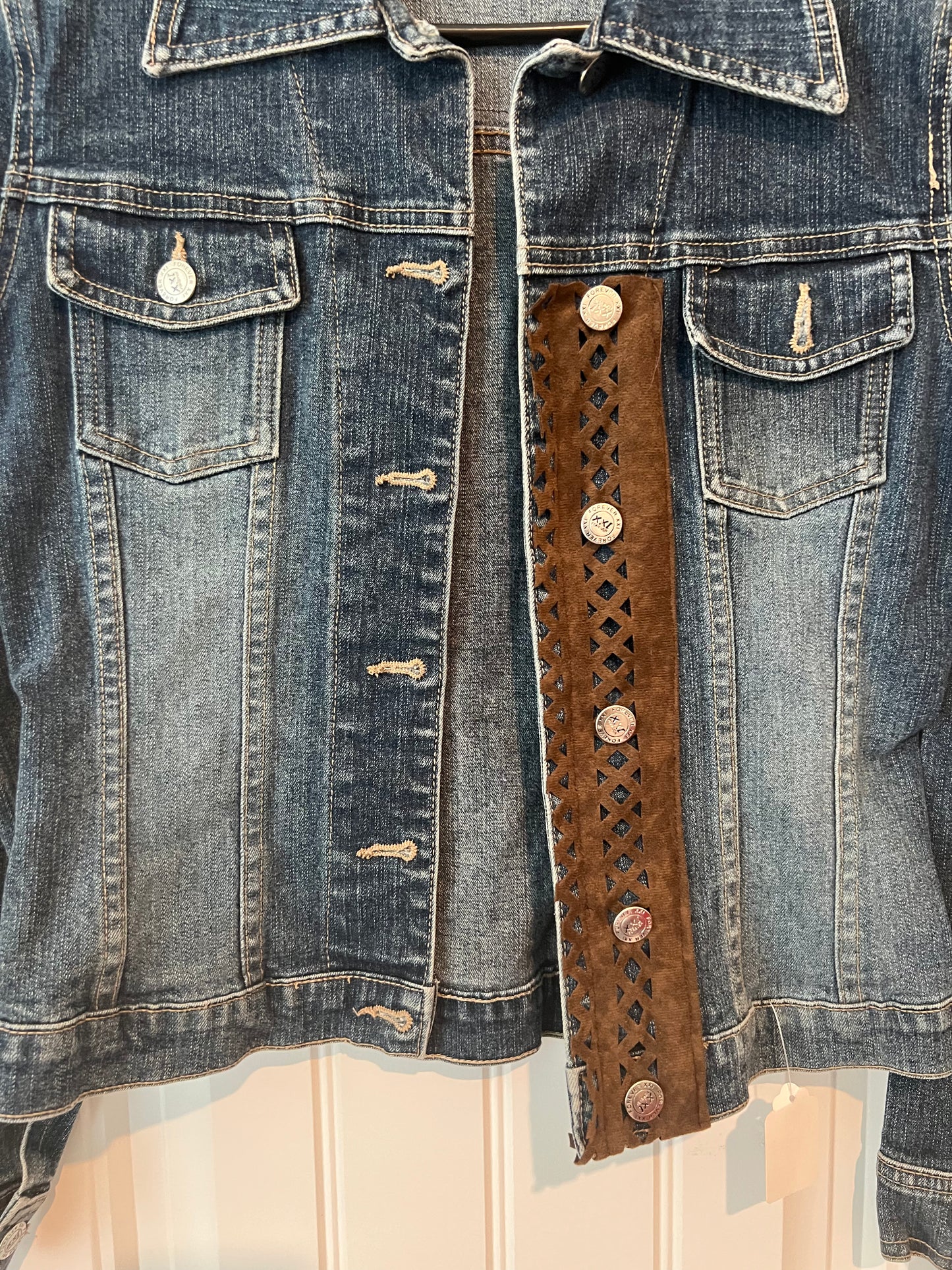 (Up) Cycled Faux Leather Fringe Denim Jacket