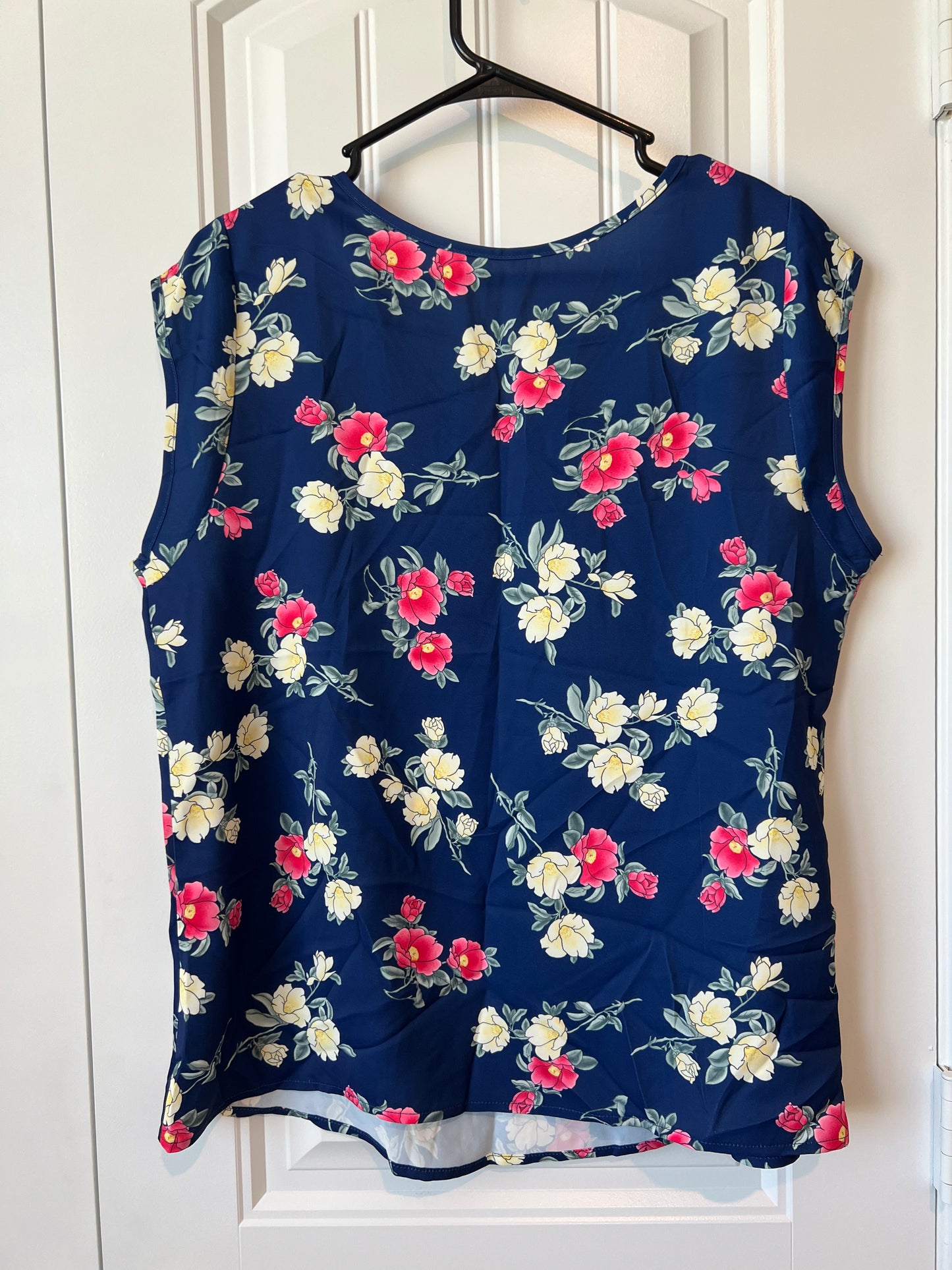 Navy Blue Short Sleeve Blouse with Flowers
