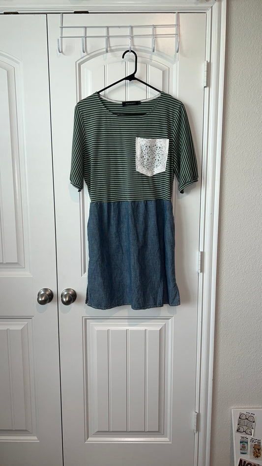 (Up) Cycled Green Striped Dress with Denim Skirt