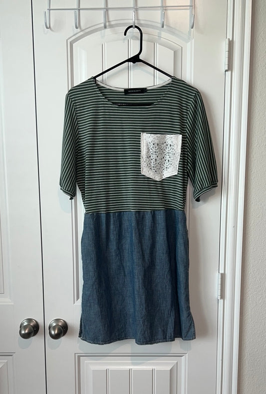 (Up) Cycled Green Striped Dress with Denim Skirt
