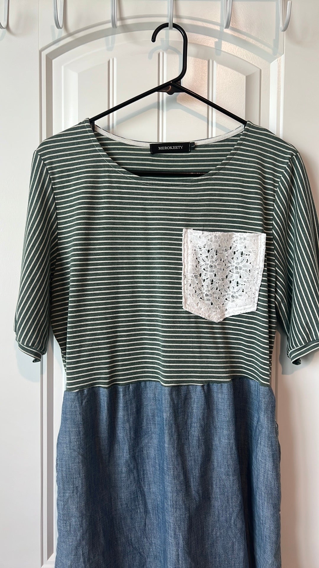 (Up) Cycled Green Striped Dress with Denim Skirt