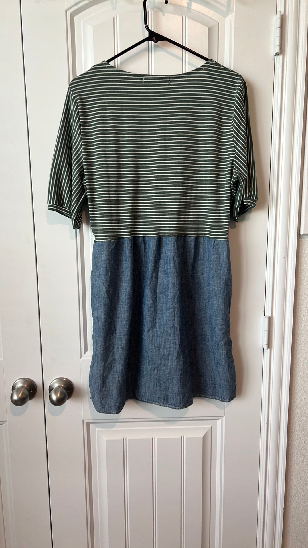 (Up) Cycled Green Striped Dress with Denim Skirt