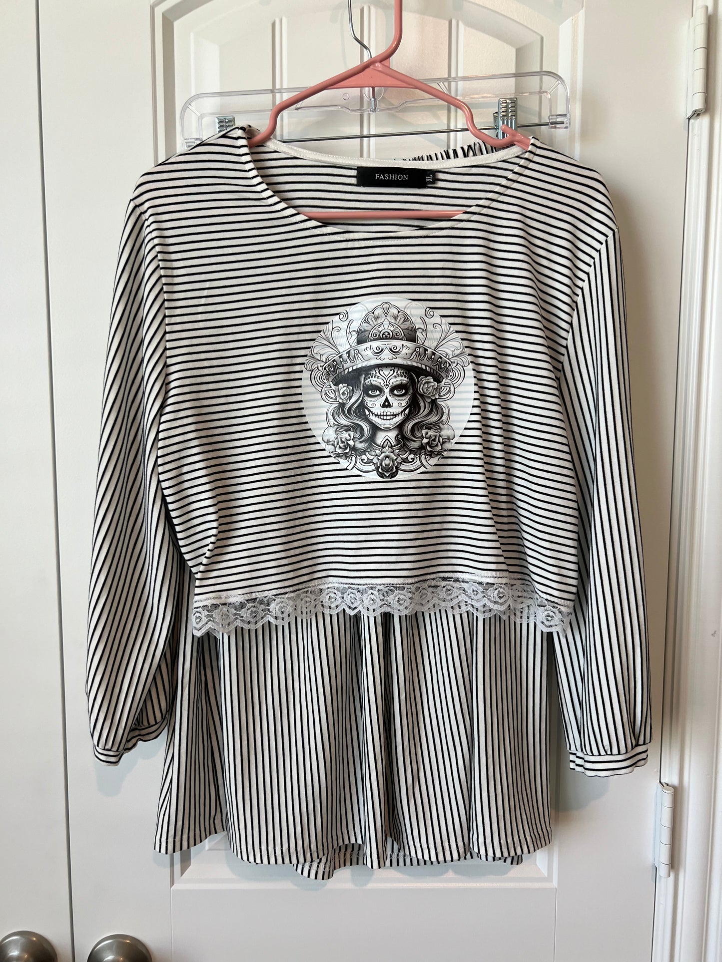 (Up) Cycled Striped Long Sleeve Top and Skirt with Skull Design