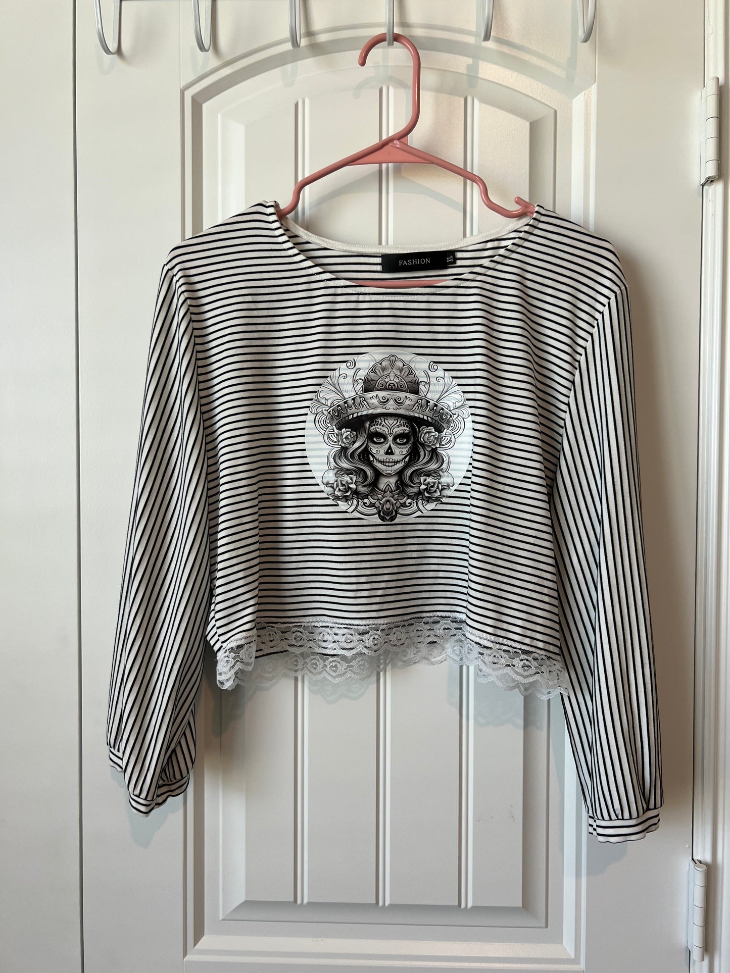 (Up) Cycled Striped Long Sleeve Top and Skirt with Skull Design