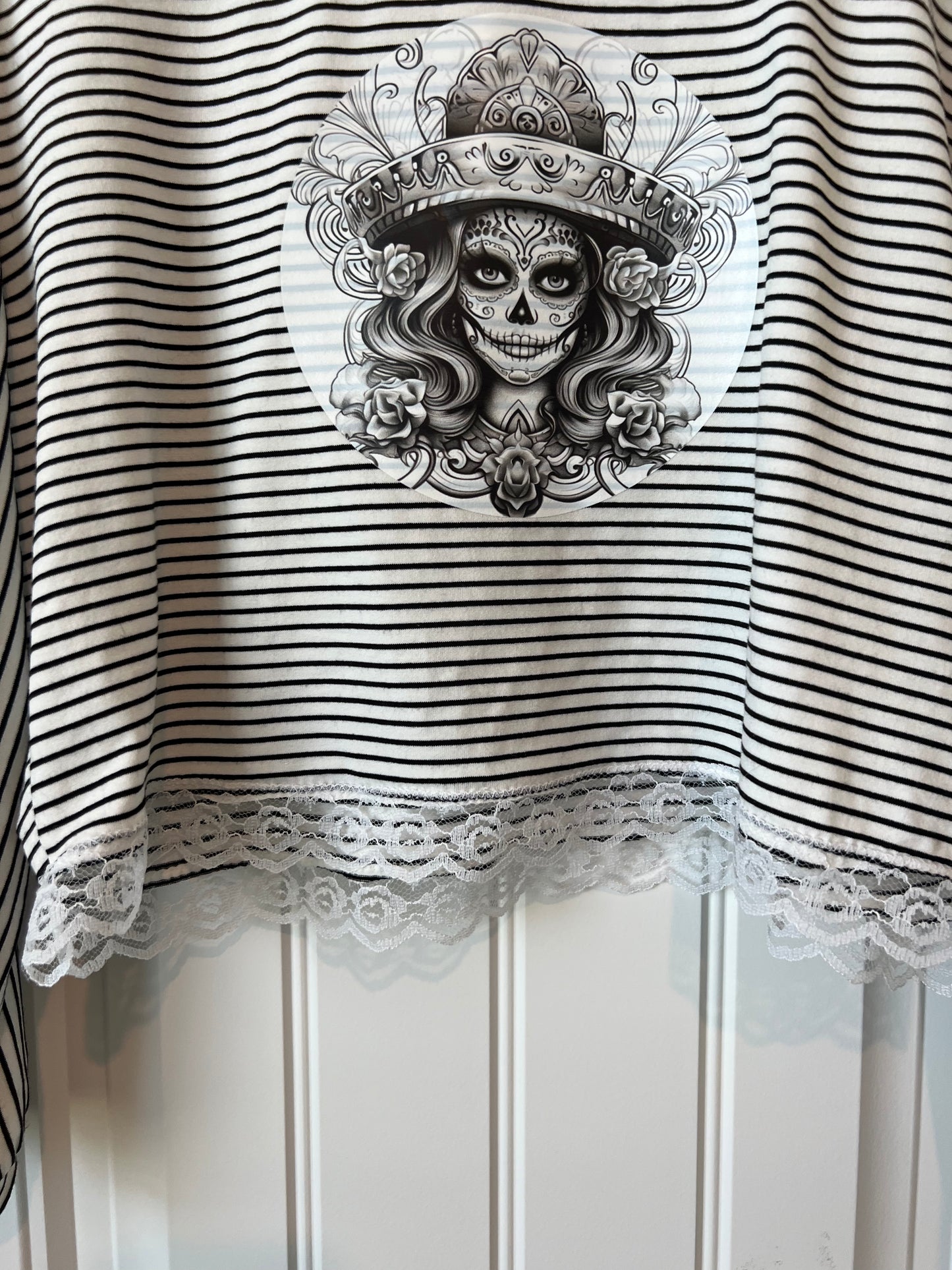 (Up) Cycled Striped Long Sleeve Top and Skirt with Skull Design