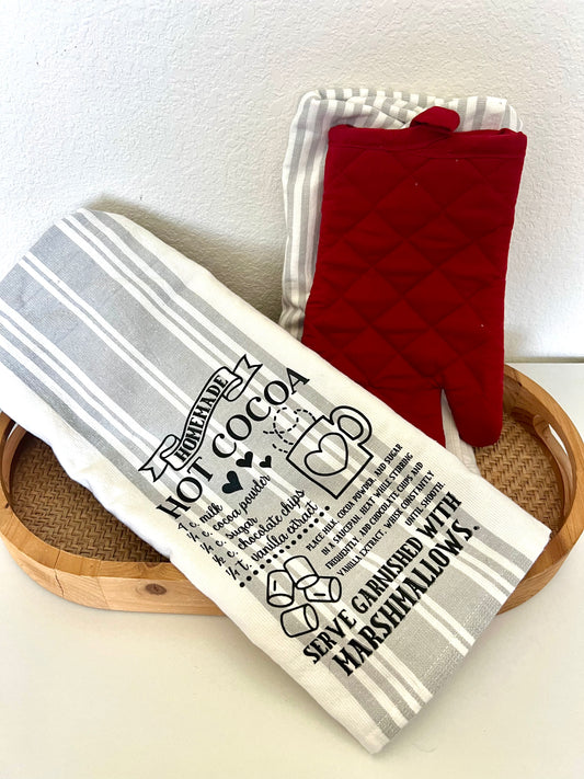 Holiday White and Red Kitchen Towel and Oven Mitt Set