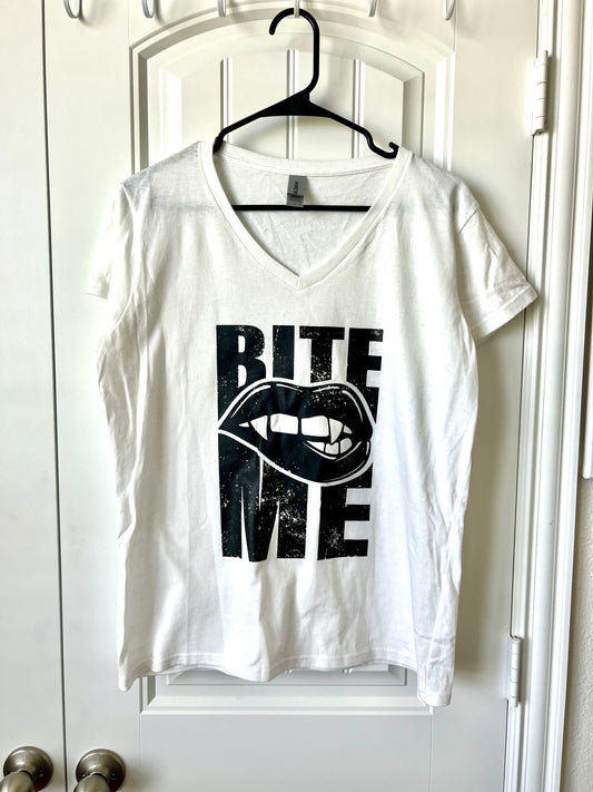 White Graphic Tee with 'Bite Me' Print