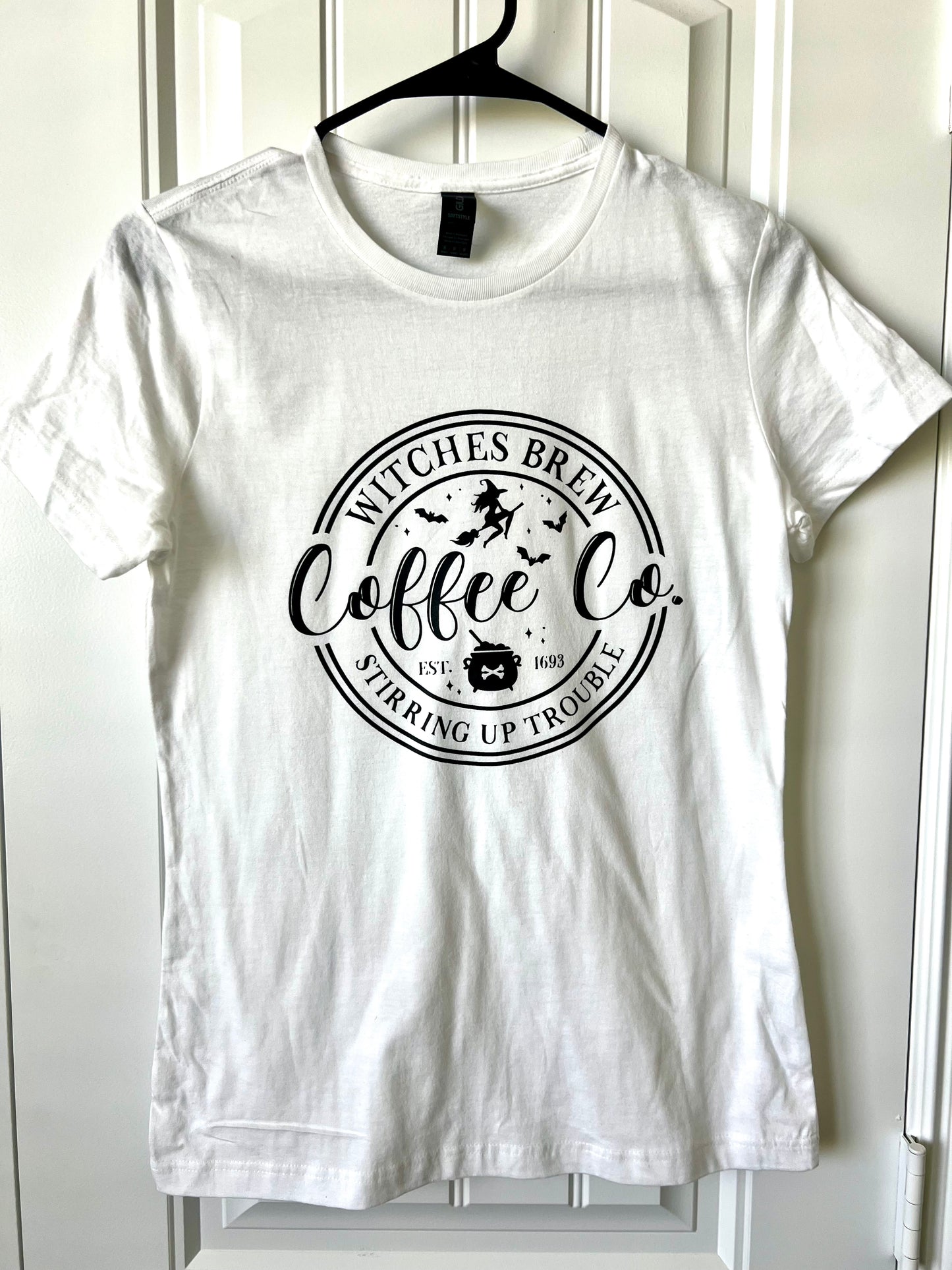 "Witches Brew Stirring Up Trouble Coffee Co" White Short Sleeve Tshirt