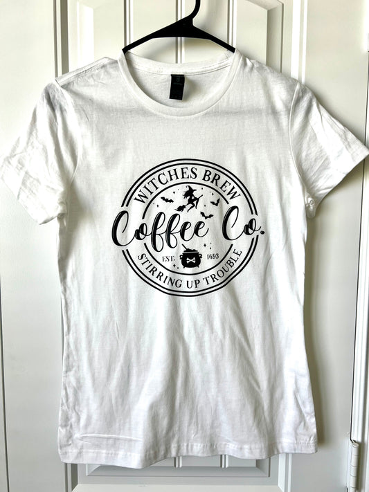 "Witches Brew Stirring Up Trouble Coffee Co" White Short Sleeve Tshirt