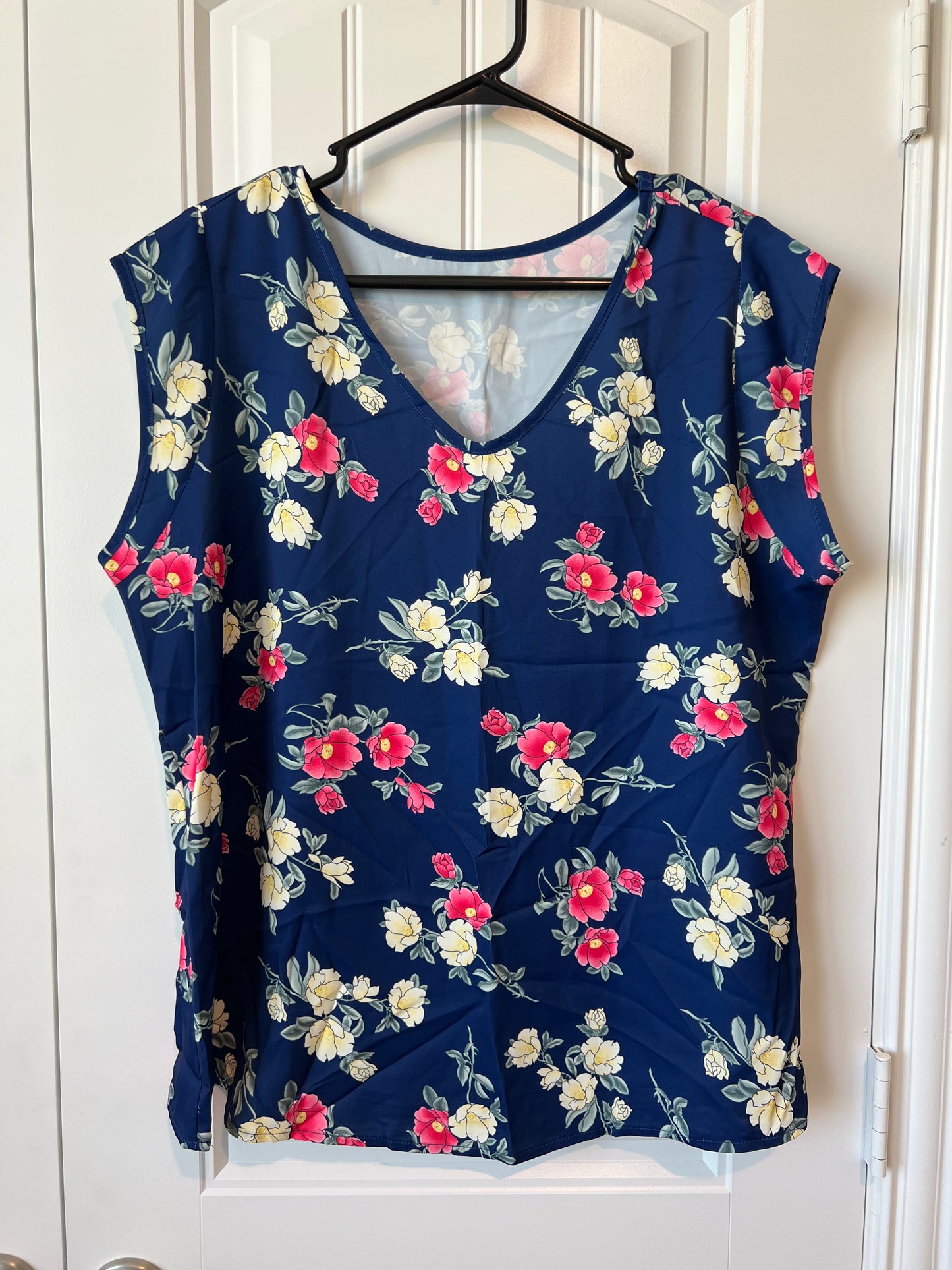 Navy Blue Short Sleeve Blouse with Flowers